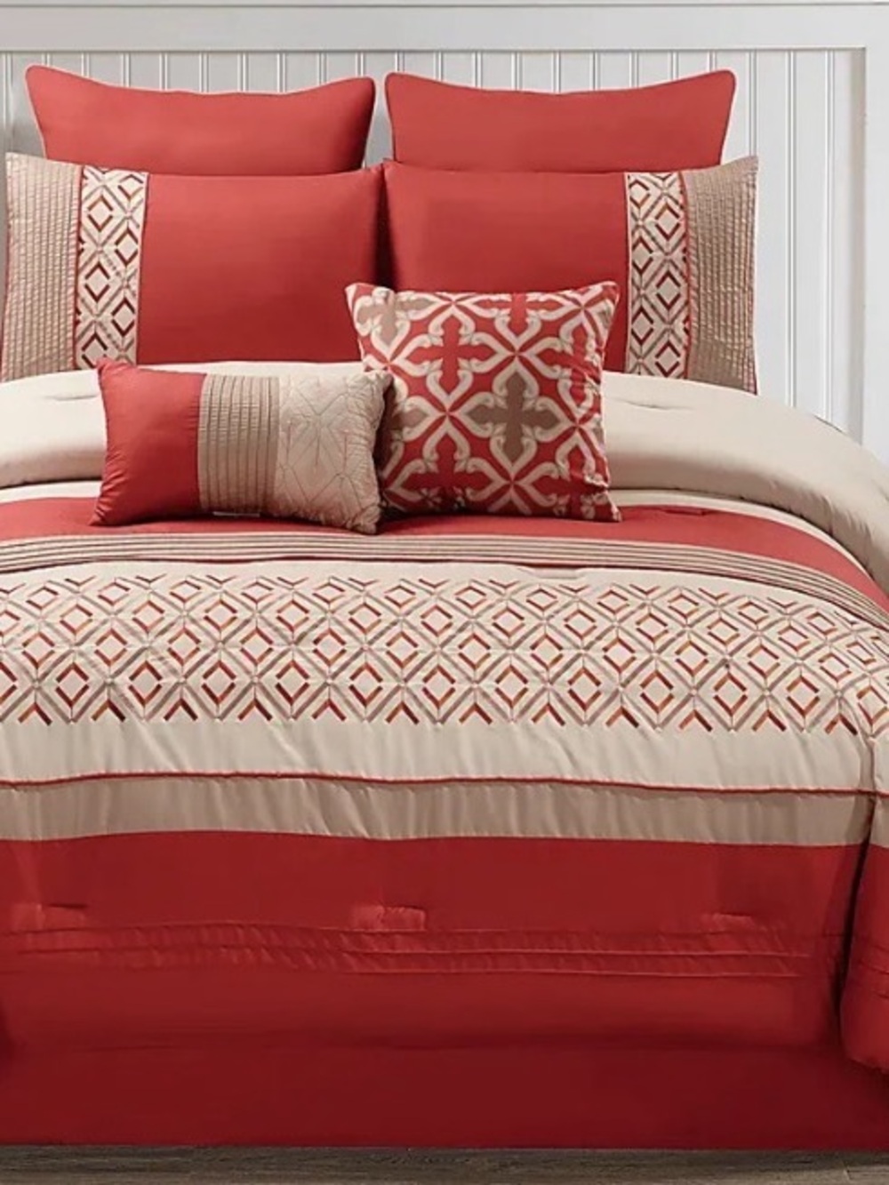 Coral and Cream Geometric Comforter Set by
